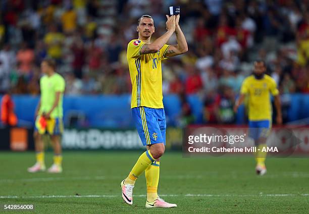 Zlatan Ibrahimovich of Sweden applauds after the UEFA EURO 2016 Group E match between Sweden and Belgium at Allianz Riviera Stadium on June 22, 2016...