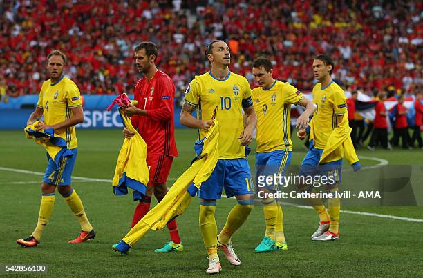 Zlatan Ibrahimovich of Sweden takes off his training top during the UEFA EURO 2016 Group E match between Sweden and Belgium at Allianz Riviera...