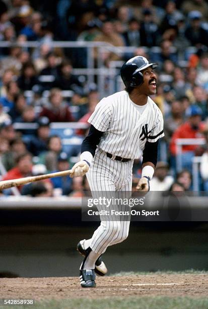 Oscar Gamble of the New York Yankees bats during an Major League Baseball game circa 1982 at Yankee Stadium in the Bronx borough of New York City....