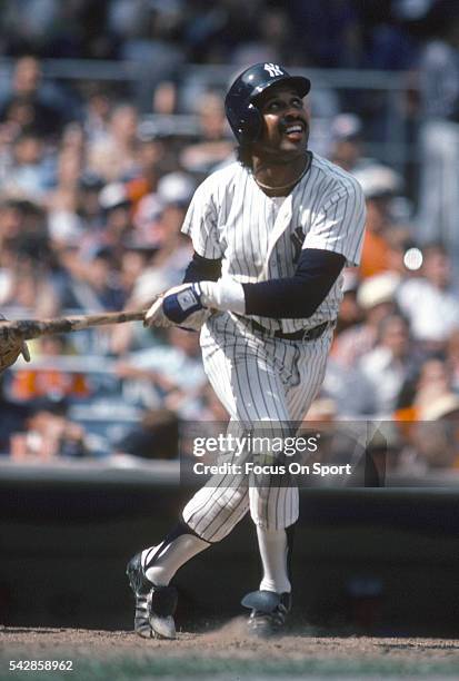 Oscar Gamble of the New York Yankees bats during an Major League Baseball game circa 1982 at Yankee Stadium in the Bronx borough of New York City....