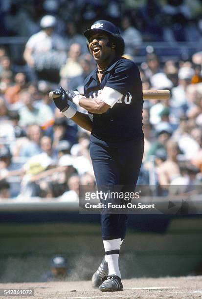 Oscar Gamble of the Chicago White Sox bats against the New York Yankees during a Major League Baseball game circa 1977 at Yankee Stadium in the Bronx...