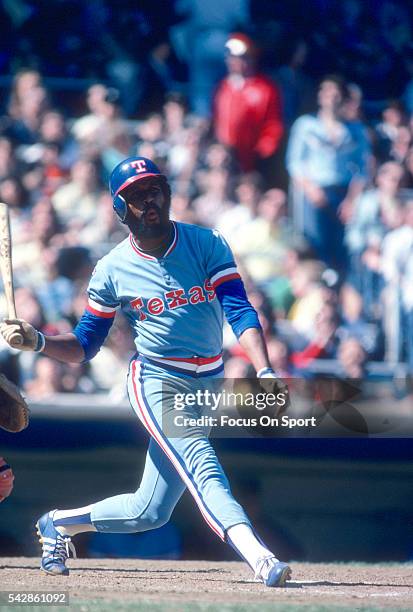 Oscar Gamble of the Texas Rangers bats against the New York Yankees during a Major League Baseball game circa 1979 at Yankee Stadium in the Bronx...