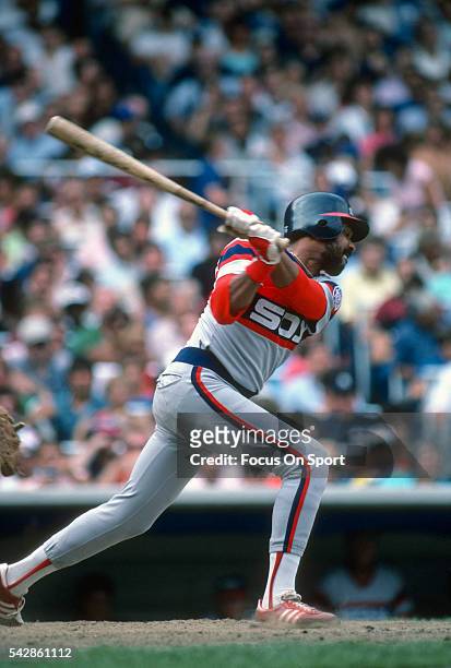 Oscar Gamble of the Chicago White Sox bats against the New York Yankees during a Major League Baseball game circa 1985 at Yankee Stadium in the Bronx...