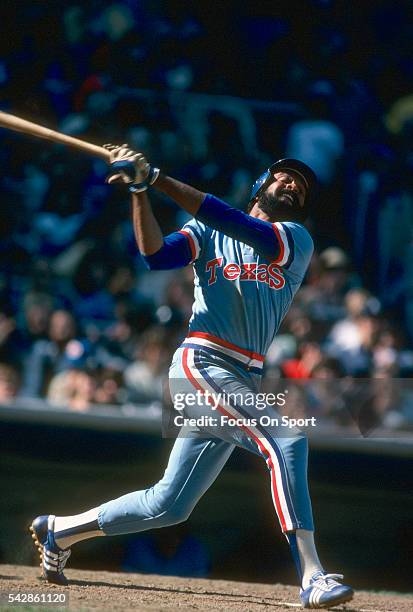 Oscar Gamble of the Texas Rangers bats against the New York Yankees during a Major League Baseball game circa 1979 at Yankee Stadium in the Bronx...