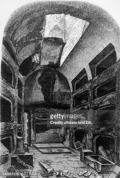 Early Christianity - catacombs Wood engravings from the 19th century 'Crypt of Pope Cornelius' in the catacomb of Callixtus, Rome - wood engraving -...