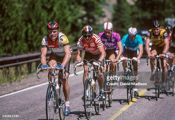 Bernard Hinault of France, Greg Lemond of the USA, and Andy Hampsten of the USA ride in the Vail to Copper Mountain stage of the 1985 Coors Classic...