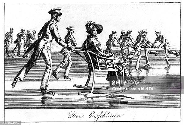 Paarlauf Mitte des 19. Jahrhunderts: EinOffizier schiebt eine Frau auf demEisschlitten über die Eisfläche- o.J. Strichzeichnung