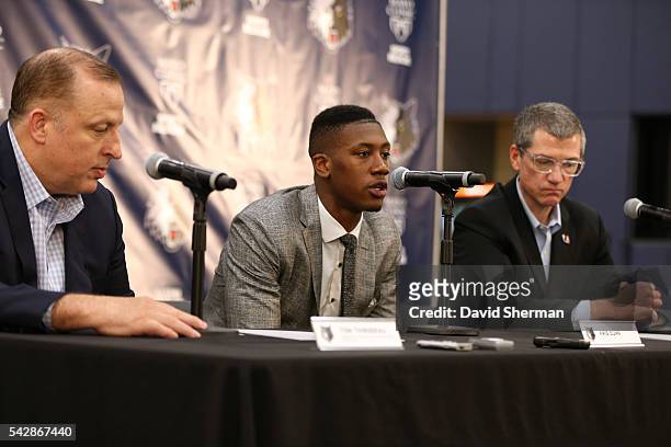 Minnesota Timberwolves 2016 NBA Draft Pick Kris Dunn is introduced to the media by Tom Thibodeau, President of Basketball Operations and Head Coach...