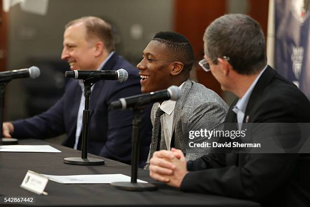 Minnesota Timberwolves 2016 NBA Draft Pick Kris Dunn is introduced to the media by Tom Thibodeau, President of Basketball Operations and Head Coach...