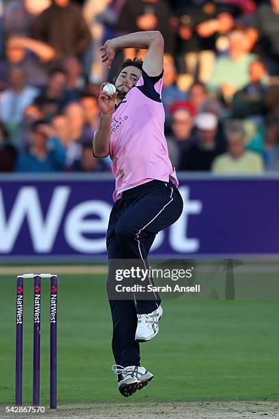 James Fuller of Middlesex bowls during the Natwest T20 Blast match between Kent and Middlesex at The Spitfire Ground on June 24, 2016 in Canterbury,...