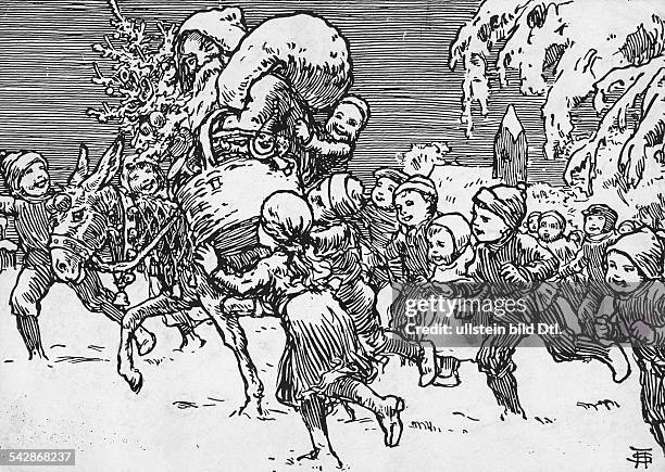 Weihnachtsmann auf einem Esel- Illustration um 1900