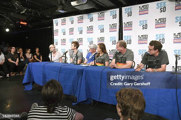 Comedian/writer Katie Dippold, comedian Drew Tarver with Upright Citizens Brigade founders and comedians Matt Walsh, Amy Poehler, Ian Roberts and...