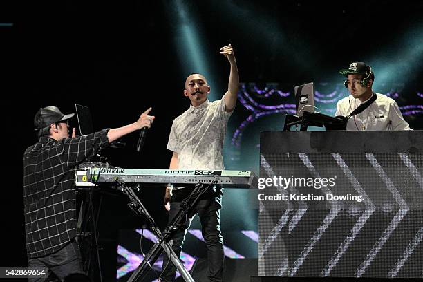 Electric dance trio Far East Movement performs on-stage at the 2nd edition of MTV Music Evolution Manila 2016 staged at SM Mall of Asia Concert...