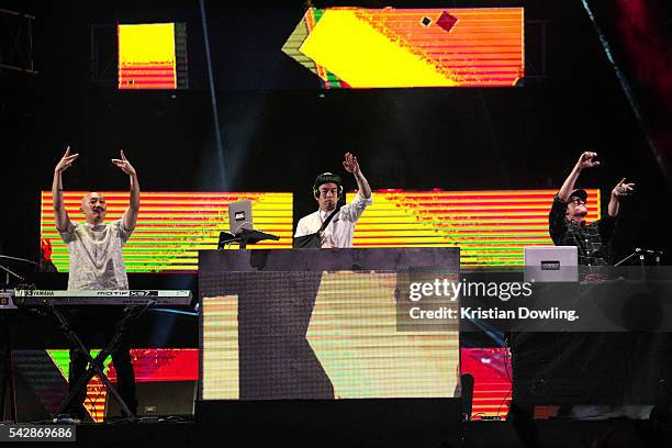 Electric dance trio Far East Movement performs on-stage at the 2nd edition of MTV Music Evolution Manila 2016 staged at SM Mall of Asia Concert...