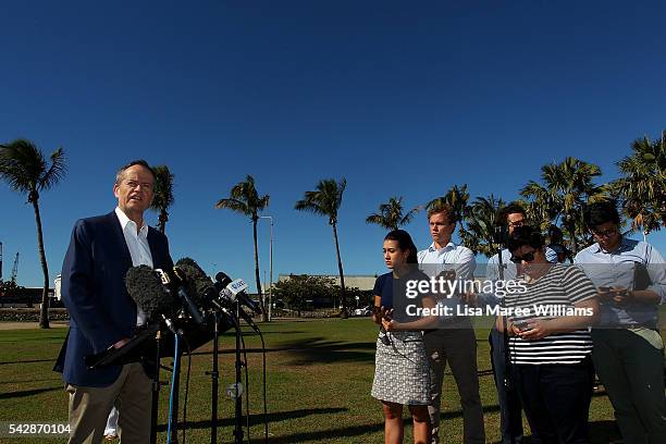 Opposition Leader, Australian Labor Party Bill Shorten speaks with the media on June 24, 2016 in Townsville, Australia. Bill Shorten launched his...