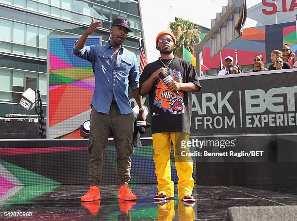 Host Ray J and recording artist Madeintyo speak onstage at 106 & Park sponsored by Apple Music during the 2016 BET Experience at Microsoft Square on...