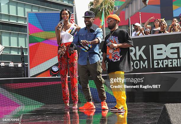 Co-hosts Jessica White, Ray J and recording artist Madeintyo speak onstage at 106 & Park sponsored by Apple Music during the 2016 BET Experience at...