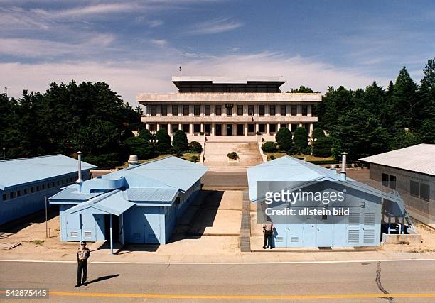 View from South Korean side of the Joint Security Area on the demarcation line between North and South Korea in Panmunjom ; the building at the back...