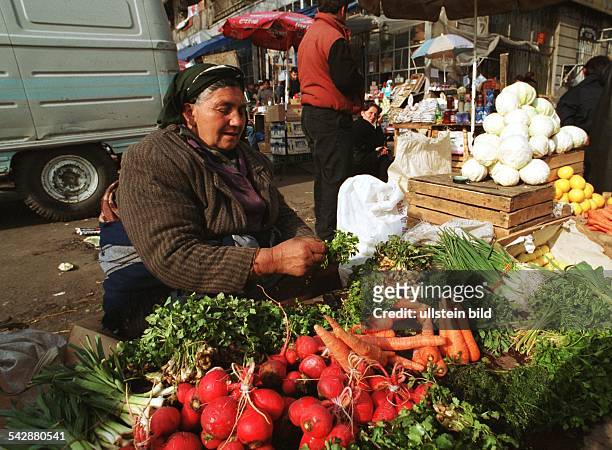 Eine Verkäuferin sitzt an ihrem Gemüsestand auf einem Markt in Tiflis, vor liegen frische Gemüse und Kräuter zum Verkauf ausgebreitet. Im Hintergrund...