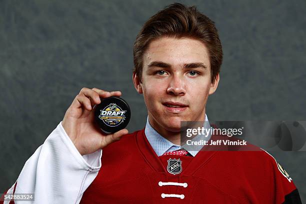 Clayton Keller, selected seventh overall by the Arizona Coyotes, poses for a portrait during round one of the 2016 NHL Draft at First Niagara Center...