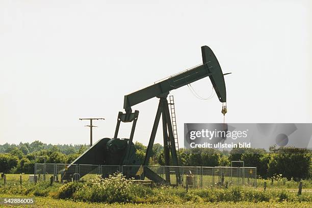 Erdöltiefpumpenantrieb, auch "Pferdekopf" genannt, auf einem Feld in Schleswig-Holstein. Aufgenommen August 1997.