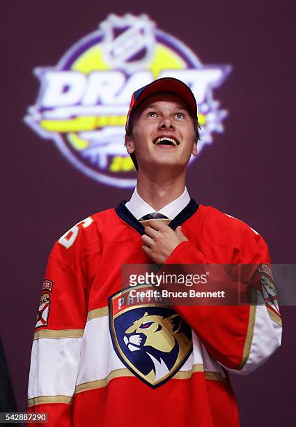 Henrik Borgstrom celebrates with the Florida Panthers after being selected 23rd during round one of the 2016 NHL Draft on June 24, 2016 in Buffalo,...