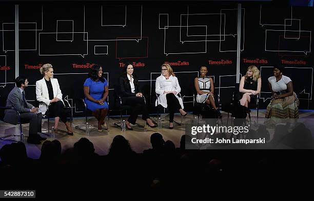 Dave Itzkoff, Taylor Schilling, Uzo Aduba, Laura Prepon, Kate Mulgrew, Samira Wiley, Natasha Lyonne and Danielle Brooks attend TimesTalks presents:...