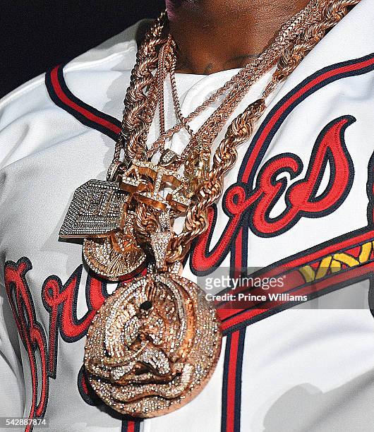 Young Jeezy, necklace detail, performs at Birthday Bash ATL The Heavyweights of HIP HOP Live in Concert at Philips Arena on June 18, 2016 in Atlanta,...