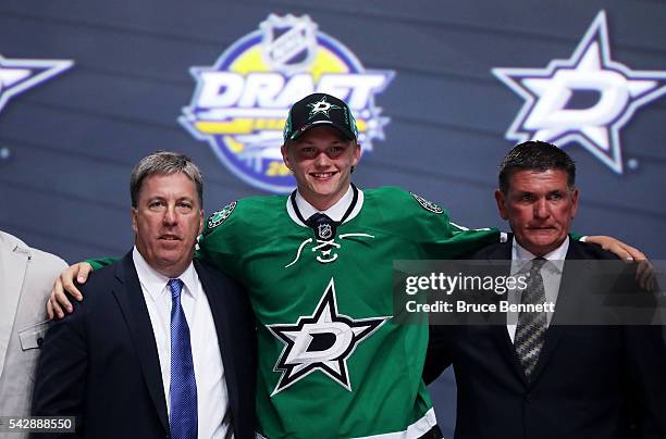 Riley Tufte celebrates with the Dallas Stars after being selected 25th during round one of the 2016 NHL Draft on June 24, 2016 in Buffalo, New York.