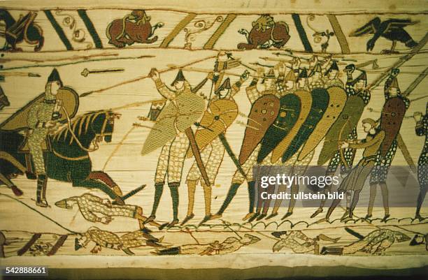 Schlacht von Hastings, 14.10.1066: Kampfszene zwischen Reitersoldaten und Speerkämpfern bewehrt mit Schilden. Wilhelm I. Der Eroberer von der...