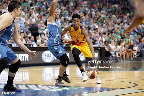 Alana Beard of the Los Angeles Sparks drives to the basket during the game against the Minnesota Lynx during the WNBA game on June 24, 2016 at Target...