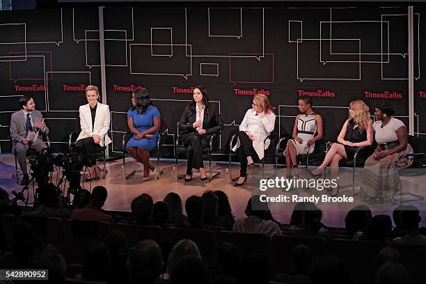 Dave Itzkoff, Taylor Schilling, Uzo Aduba, Laura Prepon, Kate Mulgrew, Samira Wiley, Natasha Lyonne and Danielle Brooks attend the TimesTalks...