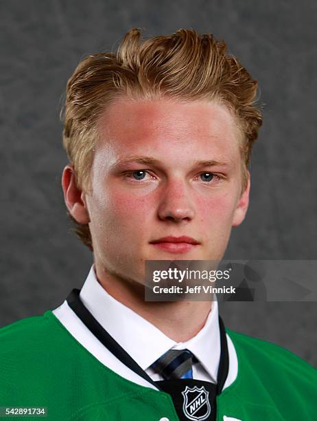 Riley Tufte, selected 25th overall by the Dallas Stars, poses for a portrait during round one of the 2016 NHL Draft at First Niagara Center on June...