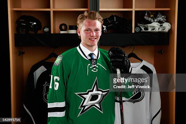 Riley Tufte, selected 25th overall by the Dallas Stars, poses for a portrait during round one of the 2016 NHL Draft at First Niagara Center on June...