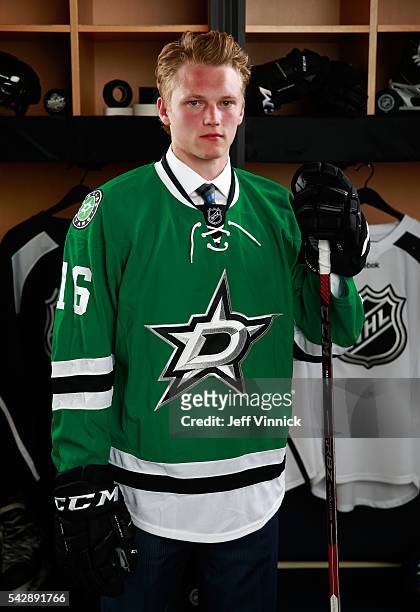 Riley Tufte, selected 25th overall by the Dallas Stars, poses for a portrait during round one of the 2016 NHL Draft at First Niagara Center on June...