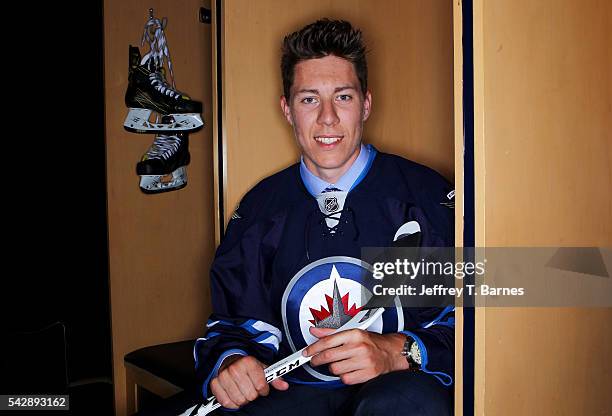 Logan Stanley poses for a portrait after being selected 18th overall by the Winnipeg Jets in round one during the 2016 NHL Draft on June 24, 2016 in...