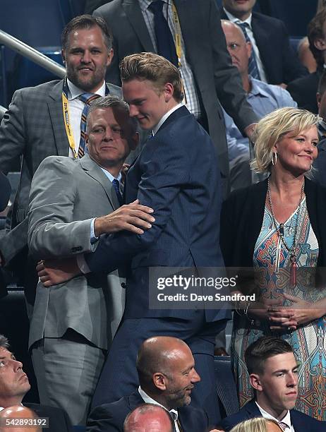 Riley Tufte reacts in the stands after beig selected 25th overall by the Dallas Stars during round one of the 2016 NHL Draft at First Niagara Center...