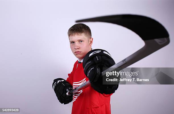 Dennis Cholowski poses for a portrait after being selected 20th overall by the Detroit Red Wings in round one during the 2016 NHL Draft on June 24,...
