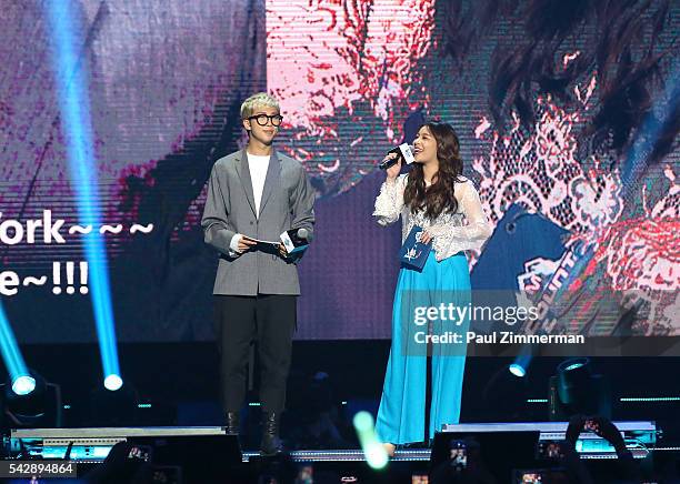 South Korean rapper, Rap Monster and singer Ailee speak onstage at KCON 2016 at Prudential Center on June 24, 2016 in Newark, New Jersey.