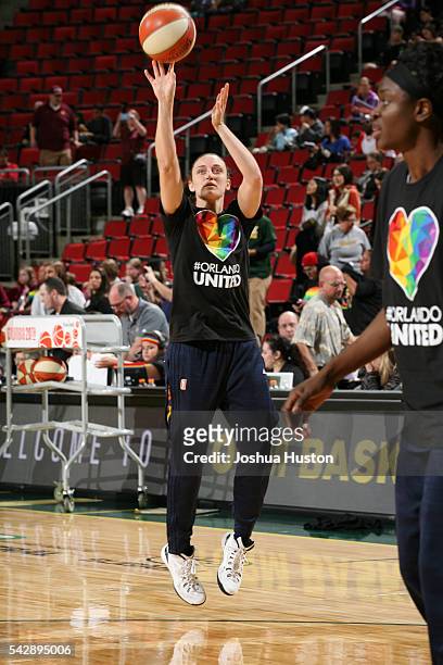 Kelly Faris of the Connecticut Sun warms up before the game against the Seattle Storm on June 24, 2016 at Key Arena in Seattle, Washington. NOTE TO...