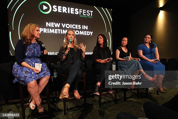Moderator Krista Smith and panelists Jennifer Salke, Tracey Pakosta, Grace Wu, and Lauren Ash speak in the "New Voices in Prime Time Comedy" panel...