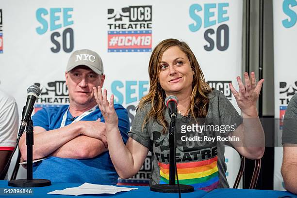 Comedians Matt Walsh and Amy Poehler attend the 18th Annual Del Close Improv Comedy Marathon Press Conference at Upright Citizens Brigade Theatre on...