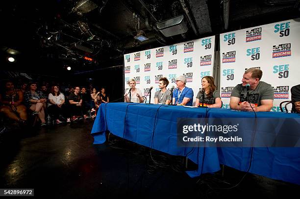 Comedian Katie Dippold and Drew Tarver with Upright Citizens Brigade founders and comedians Matt Walsh, Amy Poehler, Ian Roberts and Matt Besser...