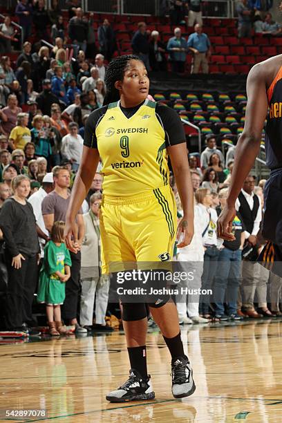 Markeisha Gatling of the Seattle Storm reacts to a play against the Connecticut Sun on June 24, 2016 at Key Arena in Seattle, Washington. NOTE TO...
