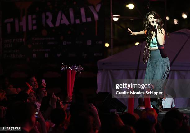Musician Amy Heidemann of Karmin performs at New York City Pride 2016 - The Rally at Pier 26 on June 24, 2016 in New York City.