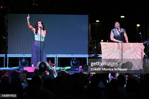 Musicians Amy Heidemann and Nick Noonan of Karmin perform at New York City Pride 2016 - The Rally at Pier 26 on June 24, 2016 in New York City.