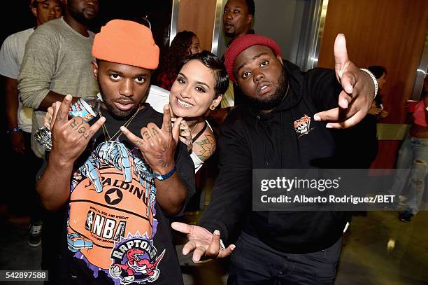 Recording artists MadeinTYO, Kahlani and Royce Rizzy are seen backstage during the 2016 BET Experience at Staples Center on June 24, 2016 in Los...