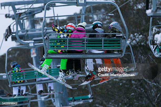 Skiers enjoy the opening weekend of the season on June 25, 2016 in Thredbo, Australia. Snow has been forecast across Eastern Australia as cold front...