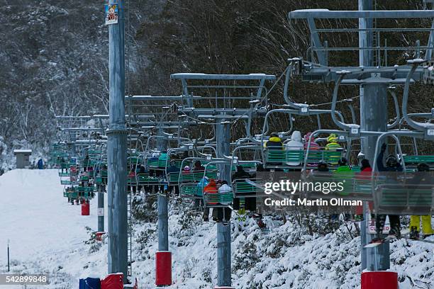 Skiers enjoy the opening weekend of the season on June 25, 2016 in Thredbo, Australia. Snow has been forecast across Eastern Australia as cold front...