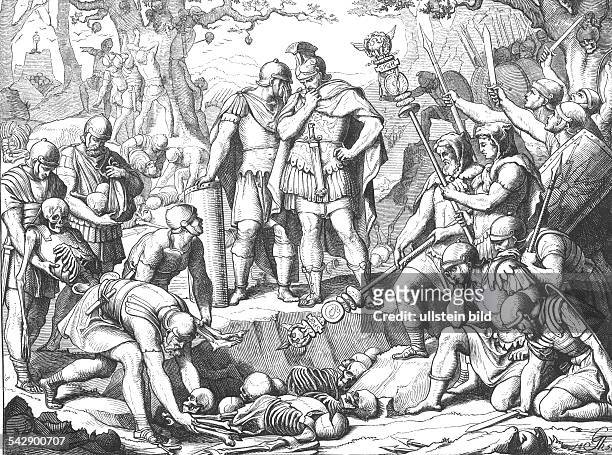 History roman / germanic : militayr campaigns of Germanicus into germania .Germanicus observing the interment of the roman legionaries , killed in...